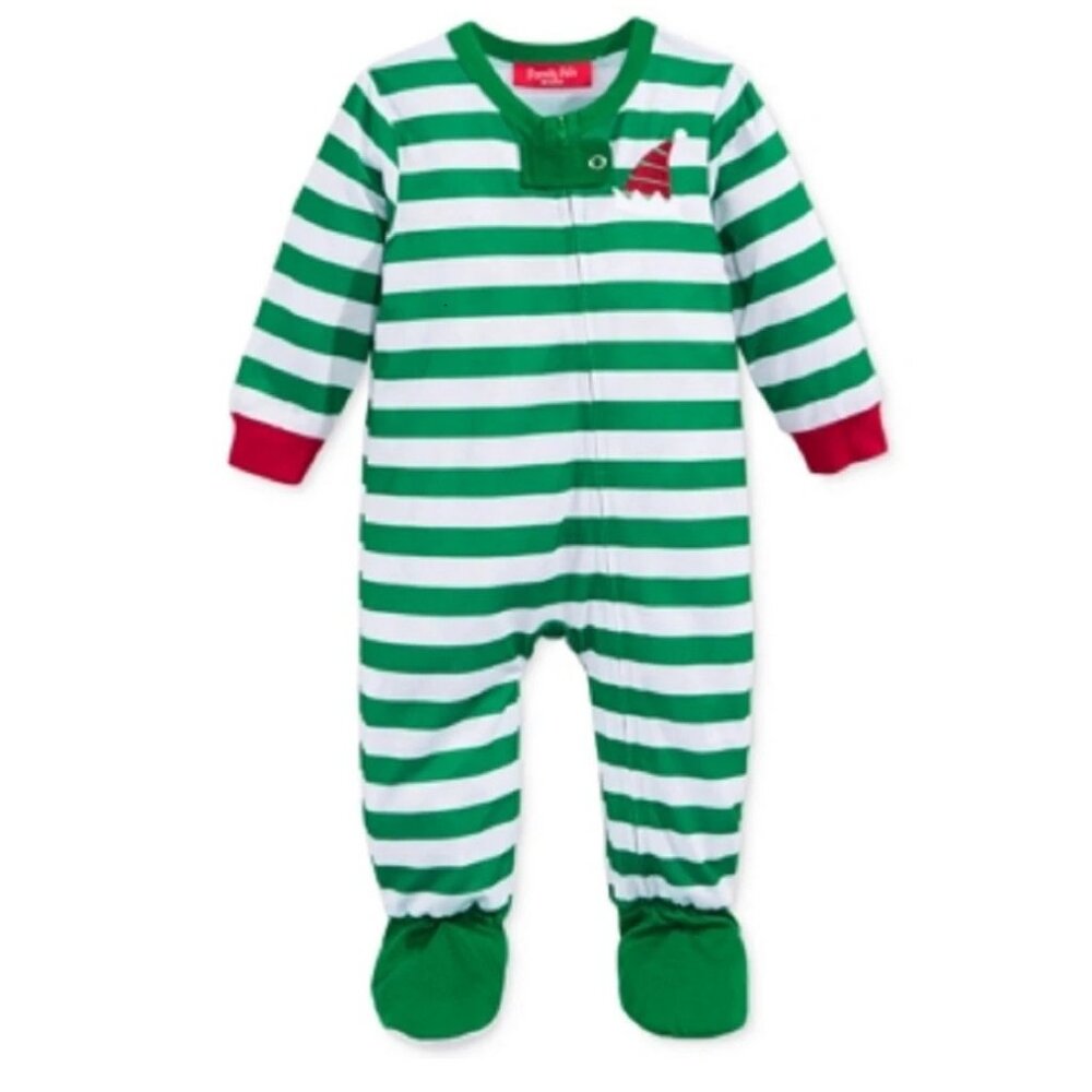 Family Pajamas Unisex Baby Boys' or Girls' Elf Striped Footed PJ's, Green, 24M